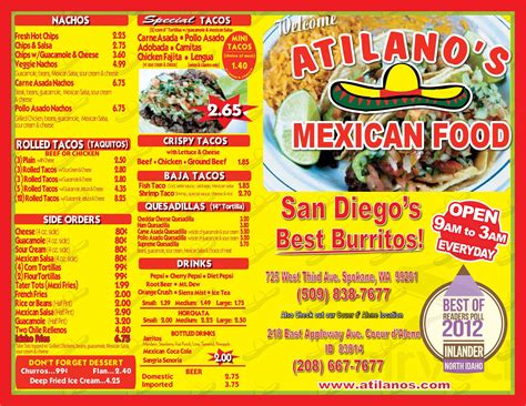 Atilanos Mexican Food Menu In Spokane Washington Usa