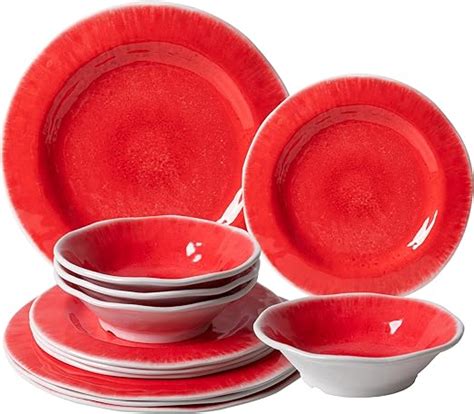 Zarocrus Melamine Dinnerware Set Red Dishes Set For 4 With Dinner Salad Plates And