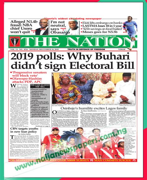 Nigerian Newspapers Front Page Headlines Monday 10th December 2018