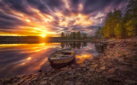 Boat Lake Forest Clouds Sunset Norway Wallpaper Hd