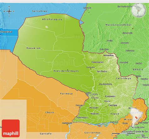 Paraguay is a country of big rivers, green landscapes, folklore and a rich indigenous culture in central south america. Physical 3D Map of Paraguay, political shades outside
