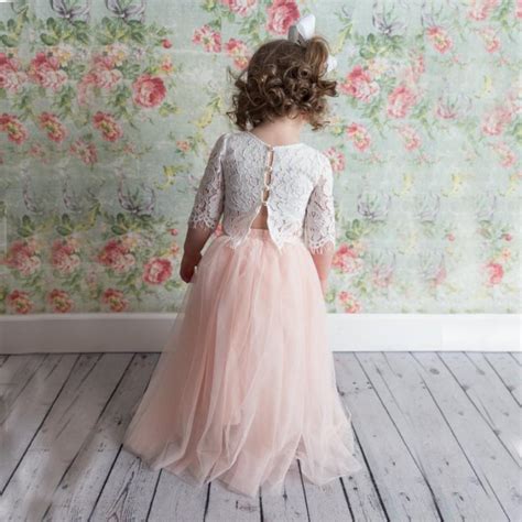 Blush Pink Tulle Two Piece Skirt Romantic White Lace Flower Girl Dress