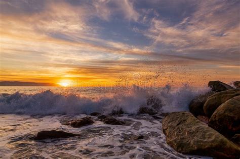 Sunset Ocean Wave Breaking Rocks Stock Image Image Of Inspiration