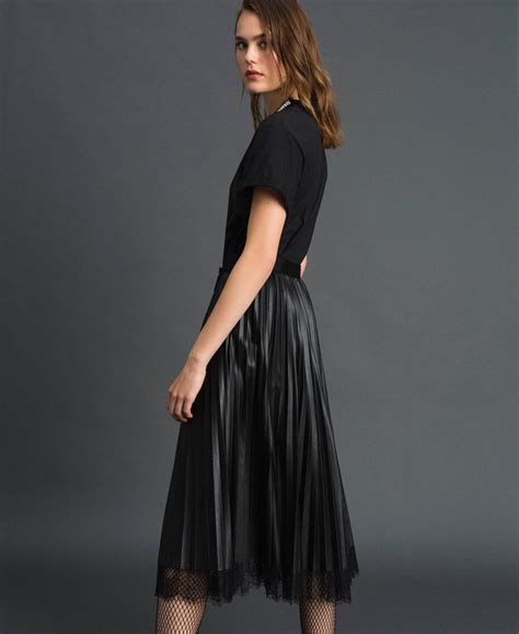 Faux Leather Pleated Midi Skirt Woman Black Twinset Milano
