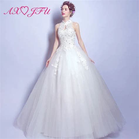 Axjfu Luxury Sexy Lace Beaded Halter Princess Wedding Dress Slim Princess Bride Wedding Dress