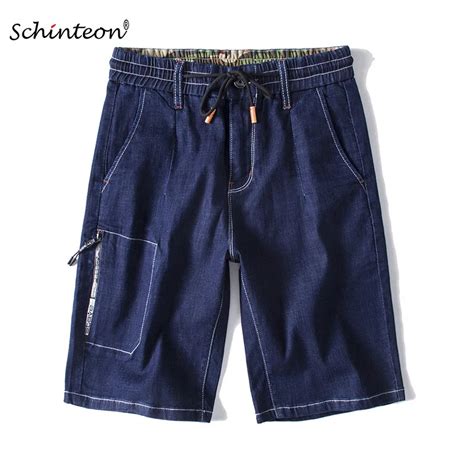 2018 Men Summer Denim Jean Shorts Knee Length Elastic Waist Casual Shorts Pockets Blue Size 42
