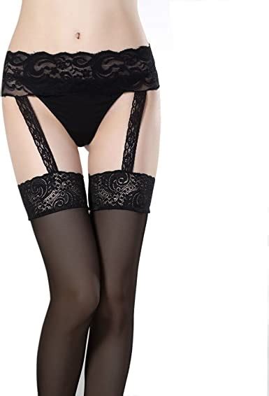 Amazon Com Takiya Womens Lace Garter Belt Panties Sheer Stockings Lingerie Set Black