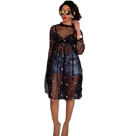 Women Black Sheer Mesh Dress Floral Embroidery Long Sleeve Knee Length
