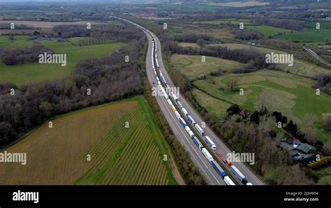 A View Of Lorries Queued In Operation Brock On The M20 Near Ashford In Kent As Freight Delays