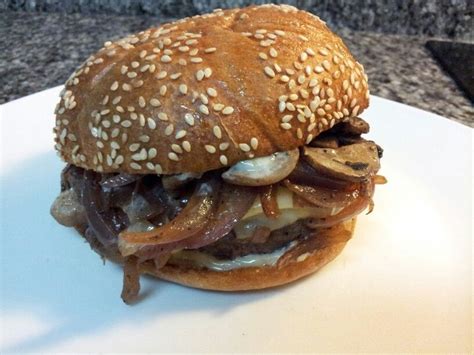 Caramelized Onion Mushroom Burger With Swiss Cheese And Roasted Garlic Aioli Mushroom Burger