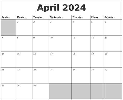 April 2024 Printable Blank Calendar 2024 Calendar Printable