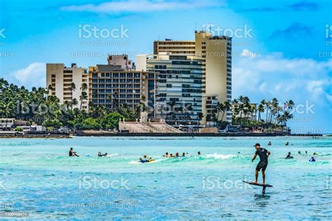Colorful Waikiki Beach Hydrofoil Surfer Swimmers Honolulu Hawaii Stock