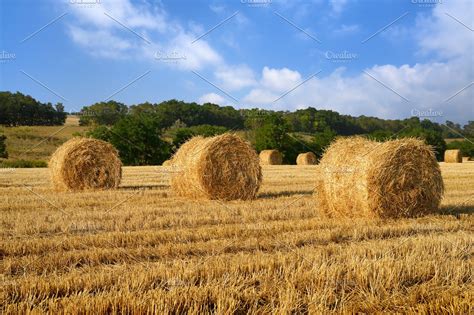 Hay Bales On Field High Quality Nature Stock Photos ~ Creative Market