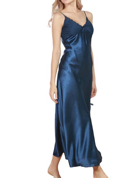 Womens Long Satin Lace Slip Sexy Blue Nightgown Lingerie Chemise Robes