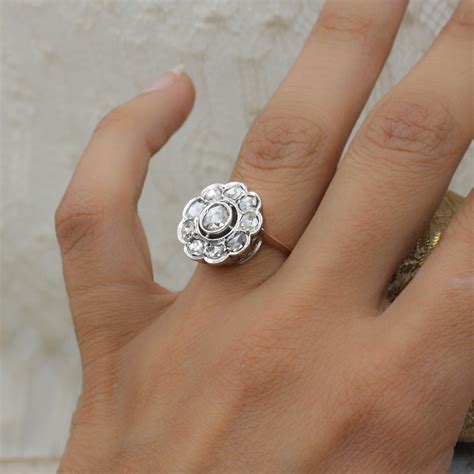 Early Victorian Rose Cut Diamond Cluster Ring Pippin Vintage Jewelry