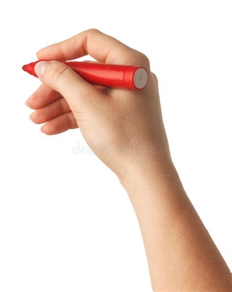 Female Hand Is Ready For Drawing With Red Marker Isolated Stock Image