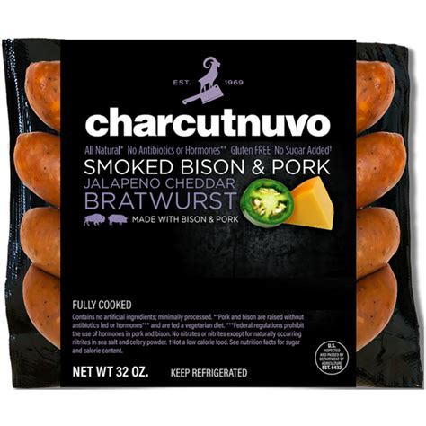 Charcutnuvo Smoked Bison And Pork Jalapeno Cheddar Bratwurst 32 Oz