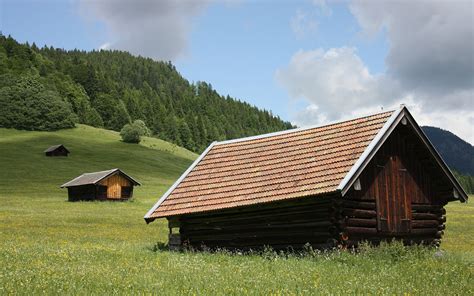 Two Brown Wooden Cabins Landscape Cabin Nature Forest Hd Wallpaper