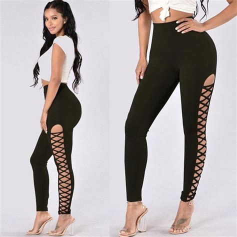 women sexy bandage pants stretchy ladies slim fit fitness leggings side stripes hollow stretchy