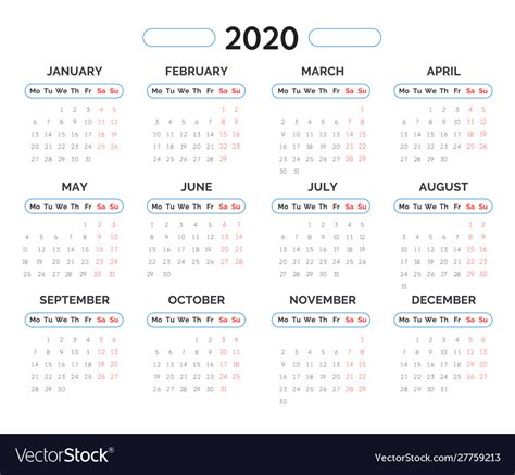 2020 Year Calendar Template In Blue And Red Vector Image