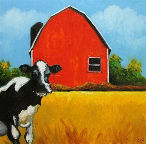 Cow And Barn Painting 9 30x30 Inch Original Animal Farm Portrait Oil