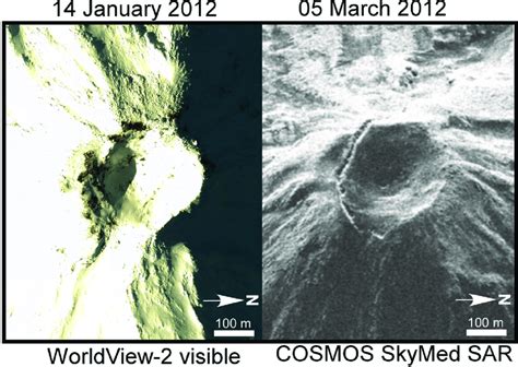 Identical Satellite Views Of The Summit Crater Of Kanaga Volcano