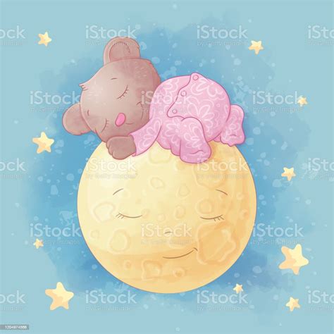 Cute Cartoon Bear Sleeps On The Moon Stock Illustration Download