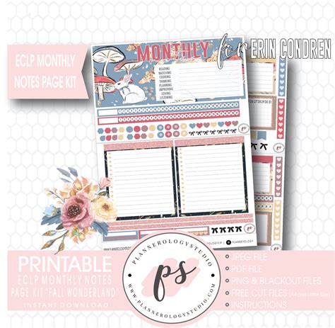 Fall Wonderland Monthly Notes Page Kit Digital Printable Planner Stick
