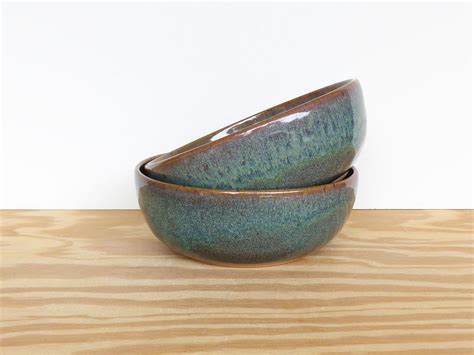 Pottery Stoneware Soup Bowls In Sea Mist Glaze Teal Handmade Etsy