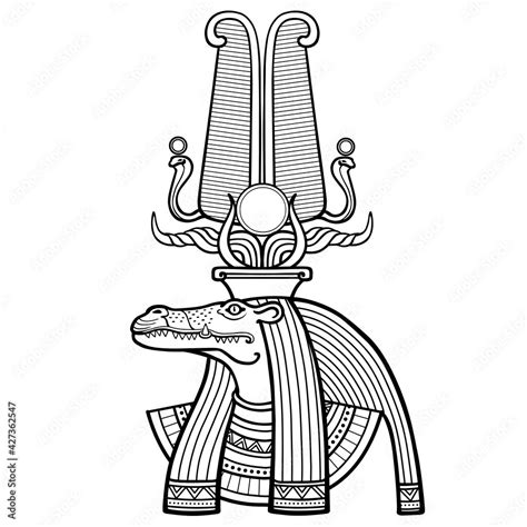 Vecteur Stock Animation Linear Portrait Ancient Egyptian God Sobek Deity With A Crocodile S
