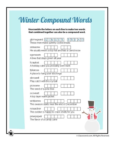 winter compound words vocabulary word scramble worksheet woo jr