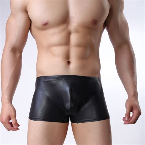 Sexy Underwear Men Boxer Shorts Black Faux Leather Underpants Male Low Waist U Convex Pouch