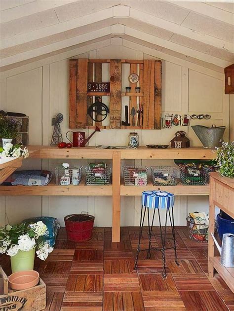 A simple shelving system utilizes metal shelf brackets and precut shelving boards. Creative Shed Interior Ideas for 2021 | Beachy Barns