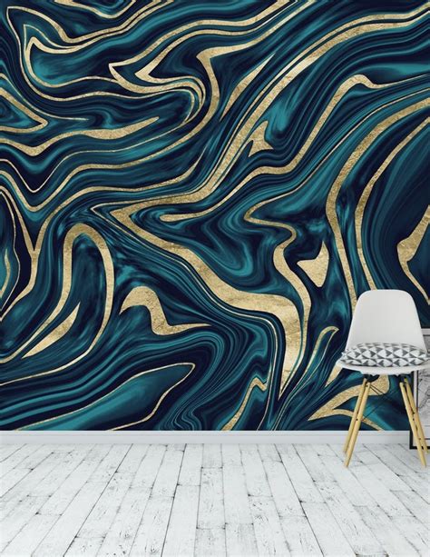 Teal Navy Blue Gold Marble 1 Wall Mural Blue And Gold