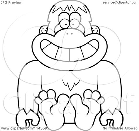 Cartoon Clipart Of A Black And White Sitting Bigfoot Sasquatch - Vector