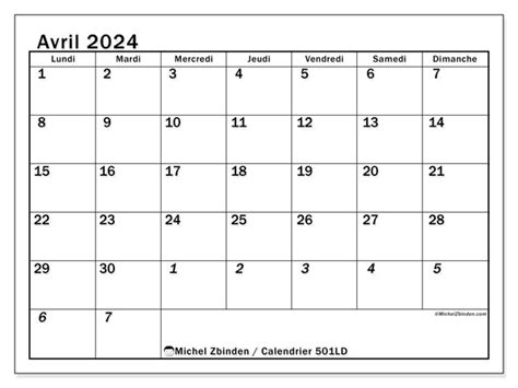 Calendrier Avril 2024 501 Michel Zbinden Fr