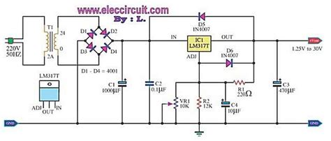 Current limit can be adjusted using r2 potentiometer and the output voltage can be adjusted from 1.2 volts to 30 volts using r8 potentiometer. My first variable power supply using LM317 - ElecCircuit ...