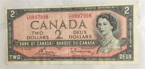 1954 Two Dollar Canadian Banknote Queen Elizabeth Bank Of Canada