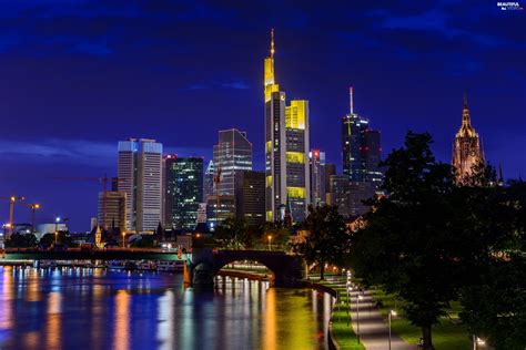 Skyscrapers Bridge Frankfurt Germany City At Night River