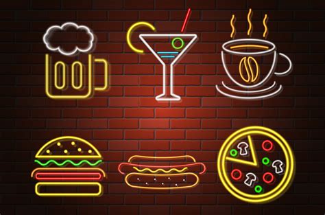 Glowing Neon Signboard Fast Food And Drink Vector