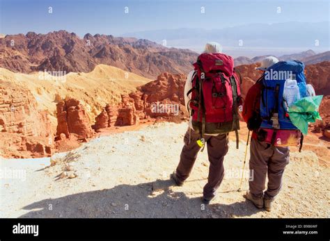Eilat Mountainsisrael Hikers Looking At The Colorful Landscape On