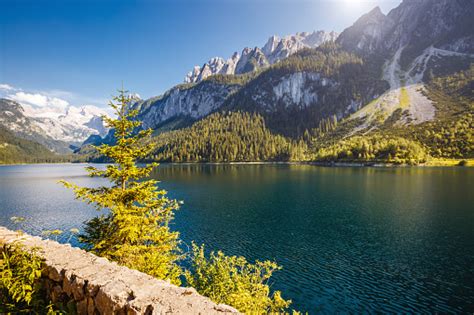 Great Azure Alpine Lake Vorderer Gosausee Resort Area Located In The