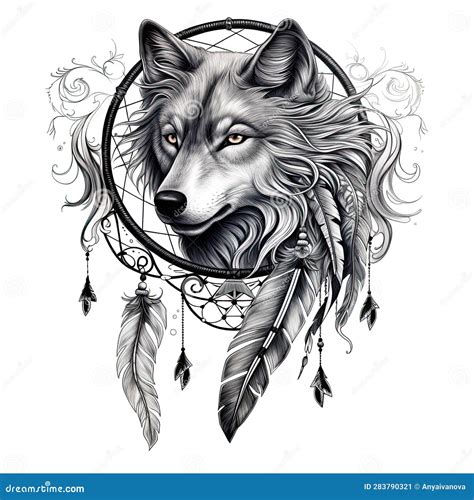 A Drawing Of A Wolf With A Dream Catcher Generative Ai Image Stock
