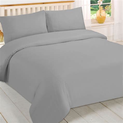 Brentfords Plain Dye Duvet Cover Quilt Bedding Set With Pillow Sham Grey Silver Queen