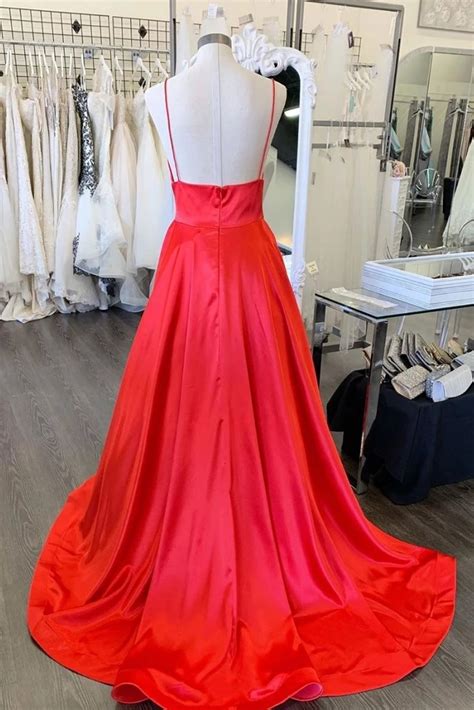 Red Spaghetti Straps V Neck Satin Long Prom Dress Backless Formal