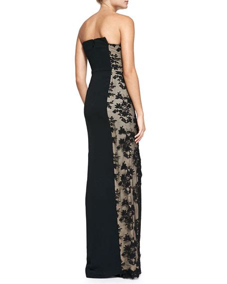 Monique Lhuillier Strapless Gown With Chantilly Lace Black
