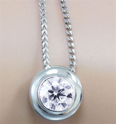 14k White Gold Round Diamond Bezel Set Solitaire Necklace Etsy