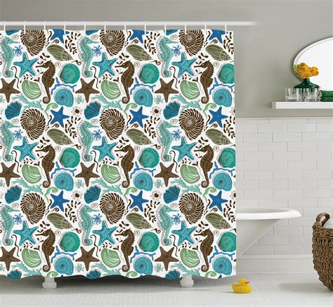 Sea Shells Shower Curtain Maritime Art With Seahorse And Starfishes