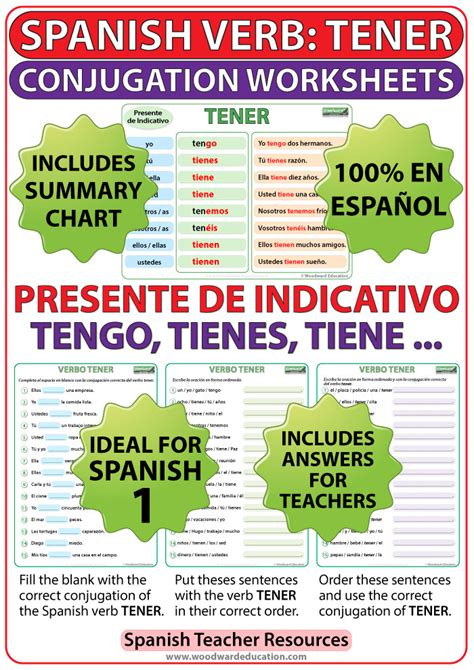 Tener Spanish Verb Conjugation Worksheets Present Tense Woodward