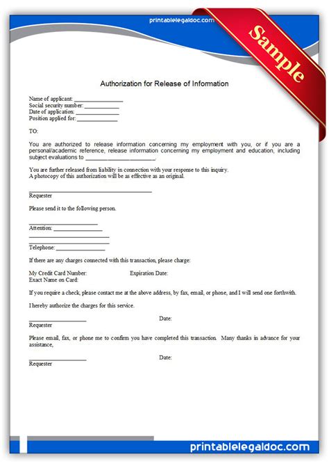 Free Printable Authorization For Release Of Information Form Generic